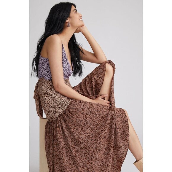 Hutch Anthropologie Floral Wrap Maxi Dress V-neck Hi-Low Brown Purple Size M - Picture 6 of 16